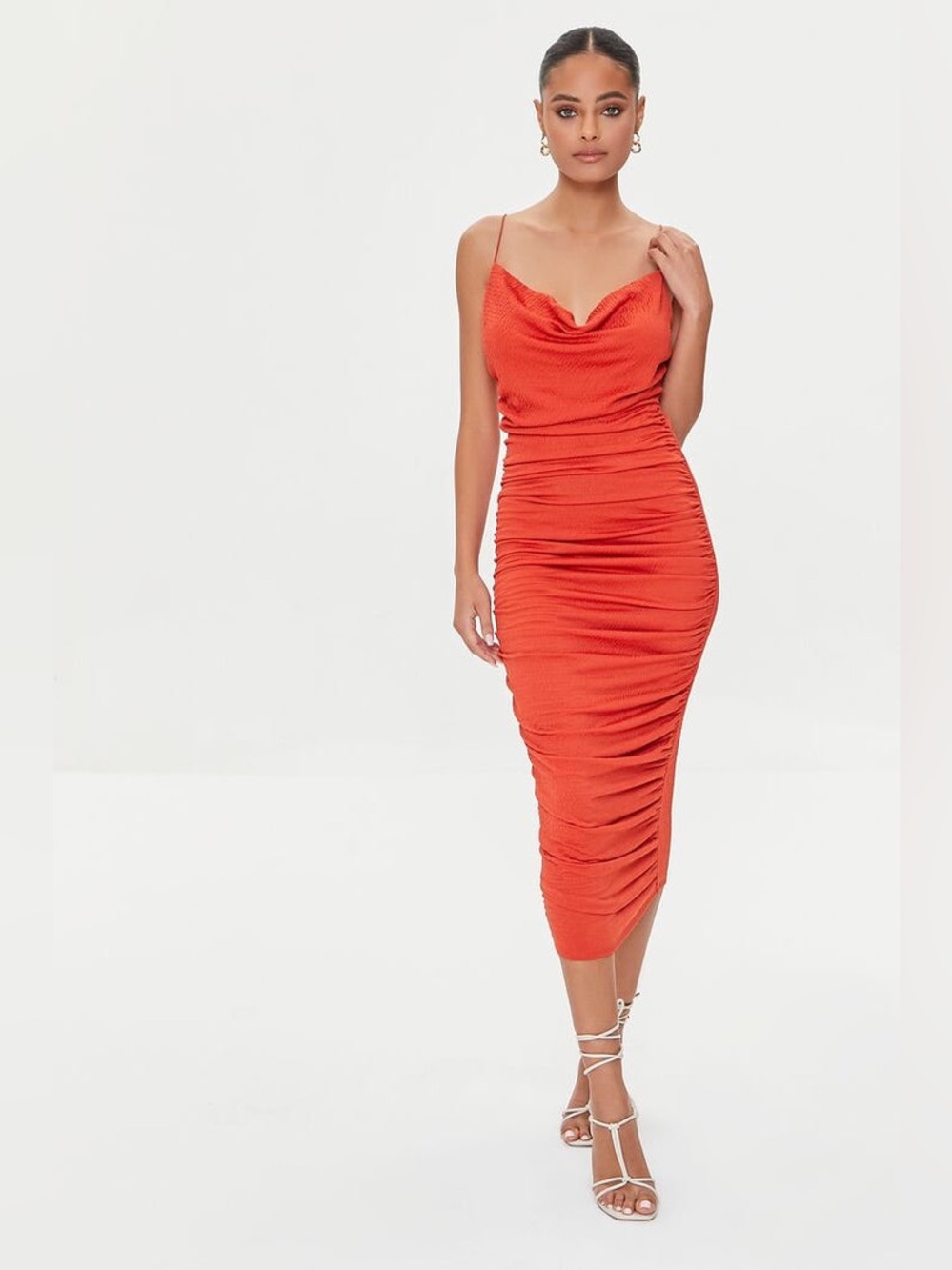 Forever 21 Coral-Orange Cowl Neck Ruched Midi Dress